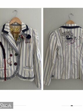 Desigual White & Light Blue Striped Jacket with Navy Trim Linen Blend